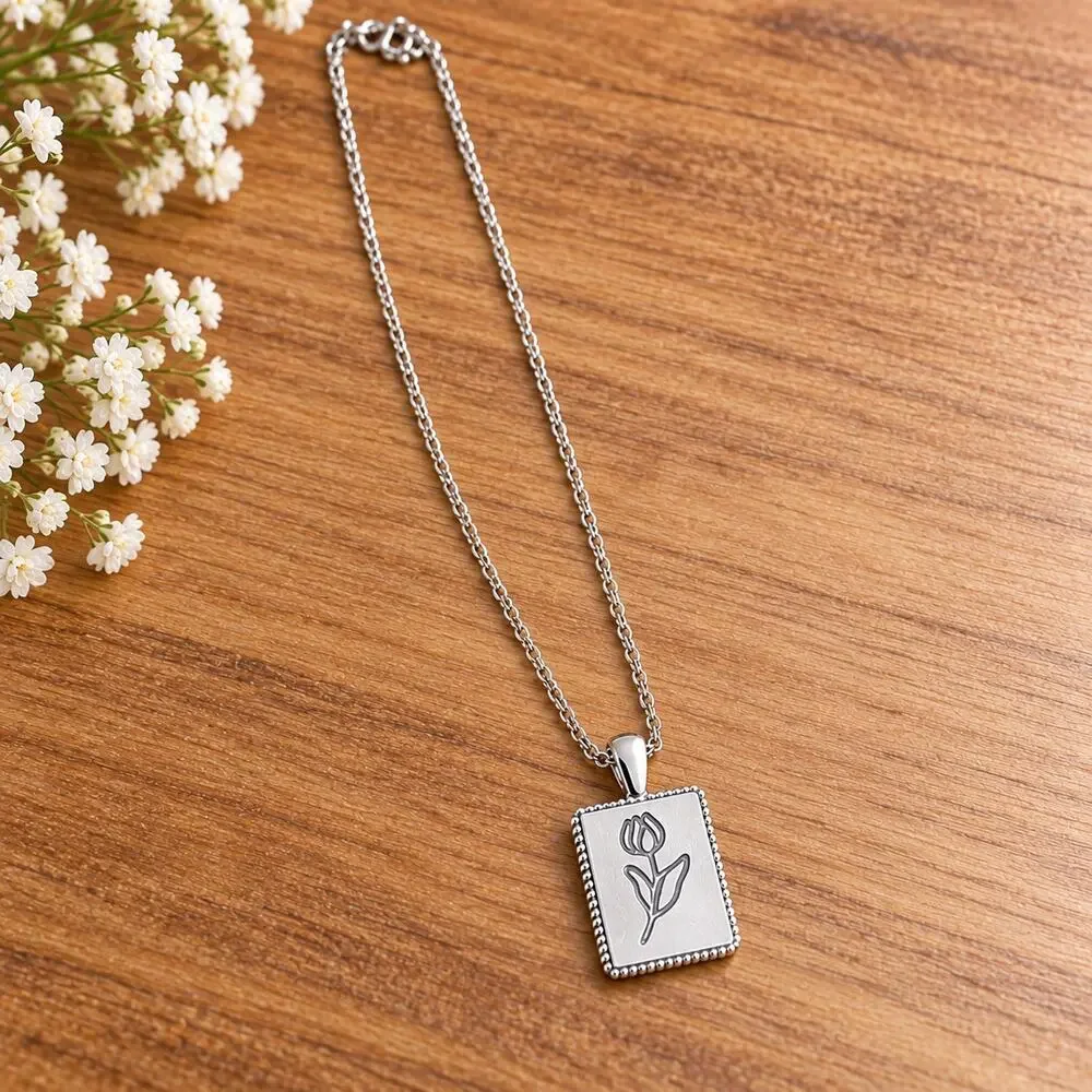 Silver Tone Tulip Flower Pendant Necklace Rectangular Floral Charm